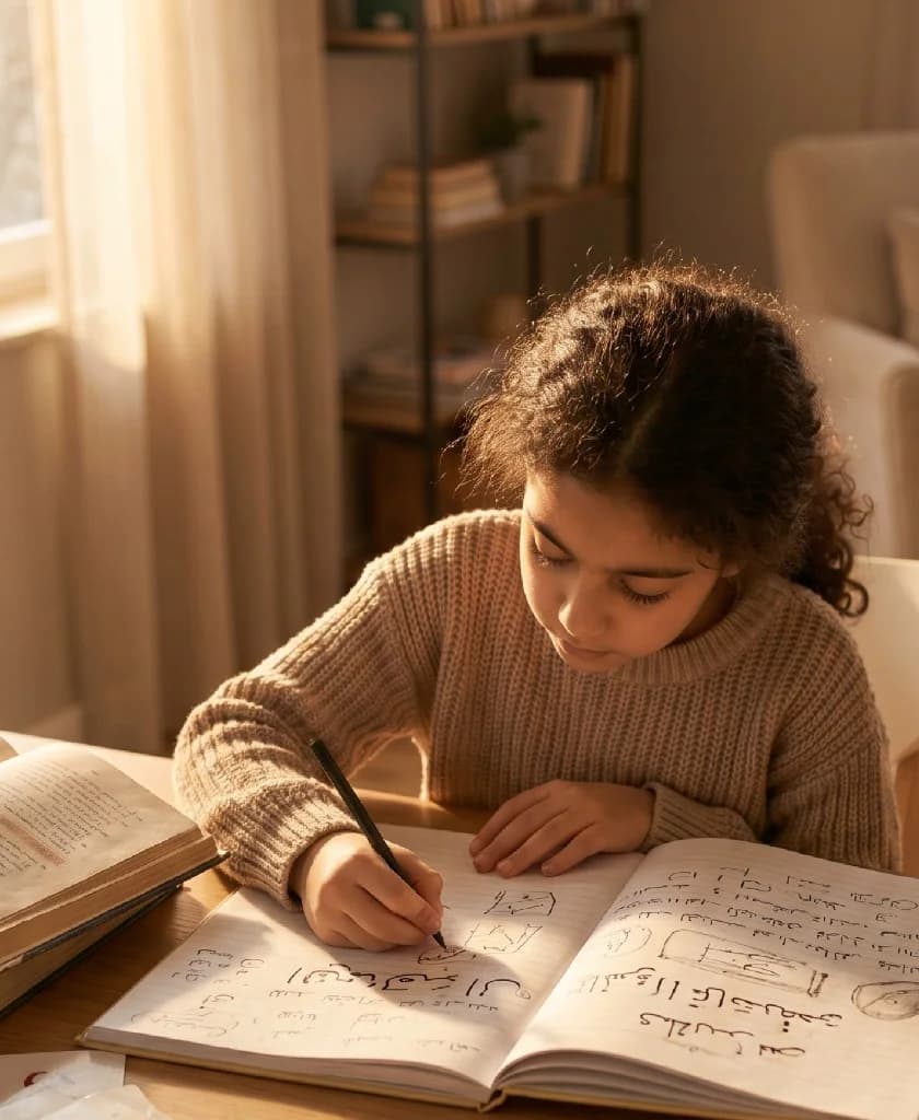 Young girl practising Arabic handwriting in her notebook