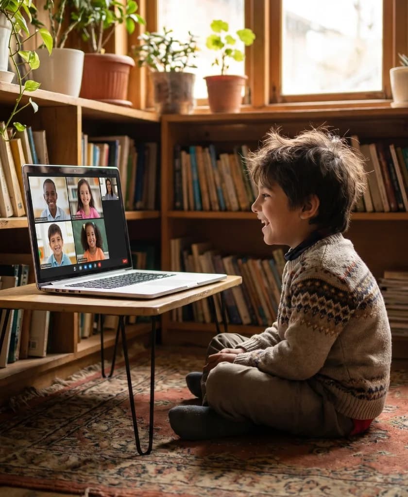 Boy smiling during a live online class with his tutor and classmates