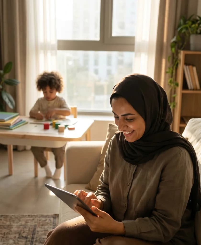 Mother following her child's lessons on the parent dashboard