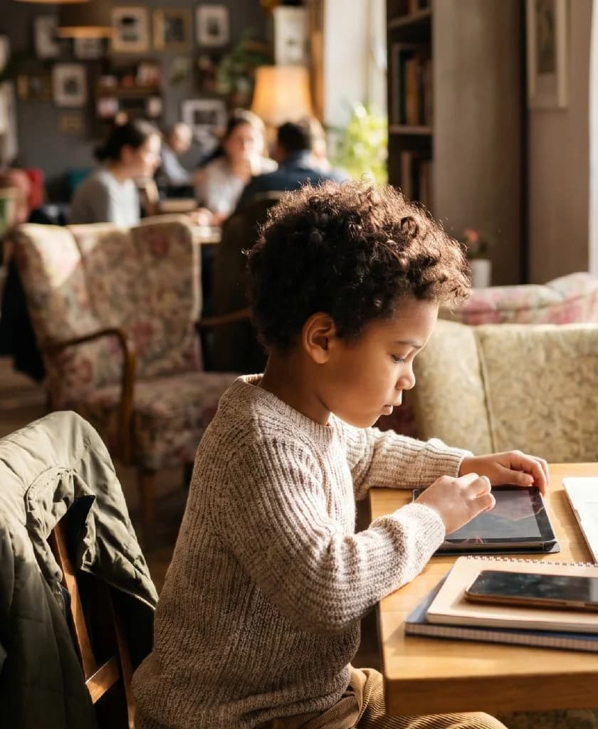 Young child working on a learning tablet at a desk